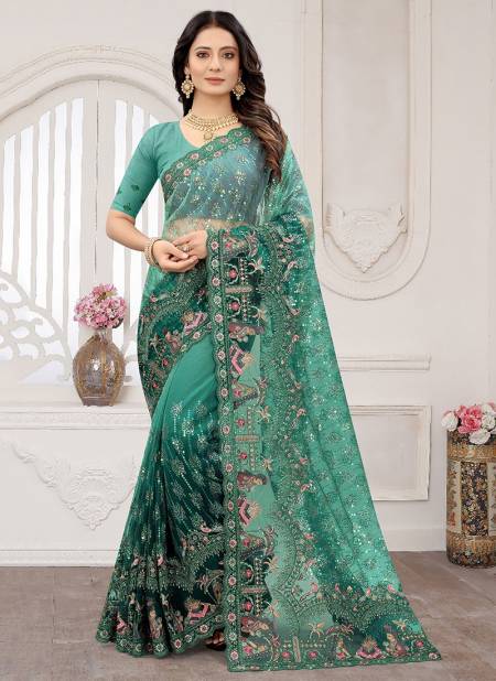 Rama Colour Fancy Designer Stylish Party Wear Heavy Net Embroidery Work Saree Collection 5753